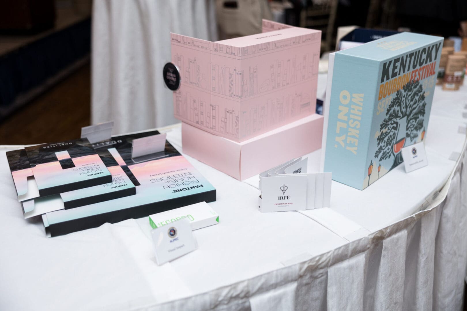 Display of promotional materials on a table.