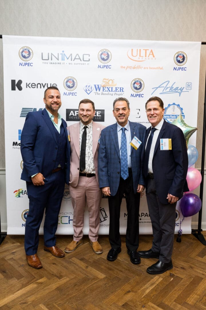 Four men posing together at an event.