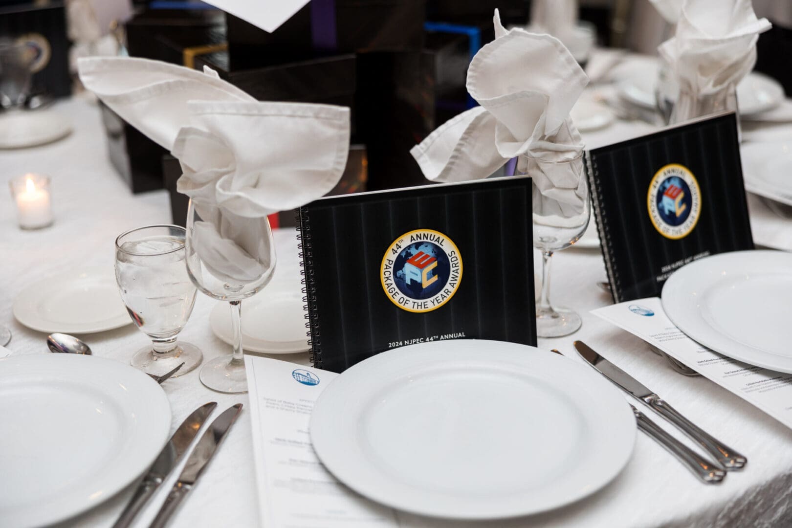 Table setting with awards program and napkins.