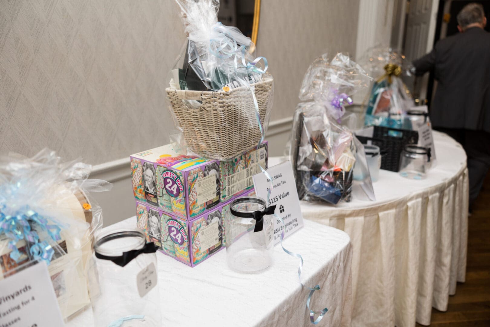 Gift baskets displayed on a table.